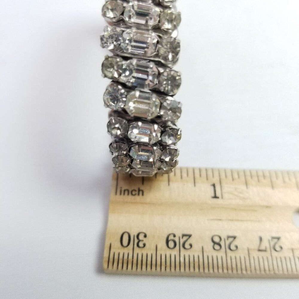 Vintage Three Row Rhinestone Stretch Expansion Bracelet, Emerald Shape Stones - Picture 5 of 8